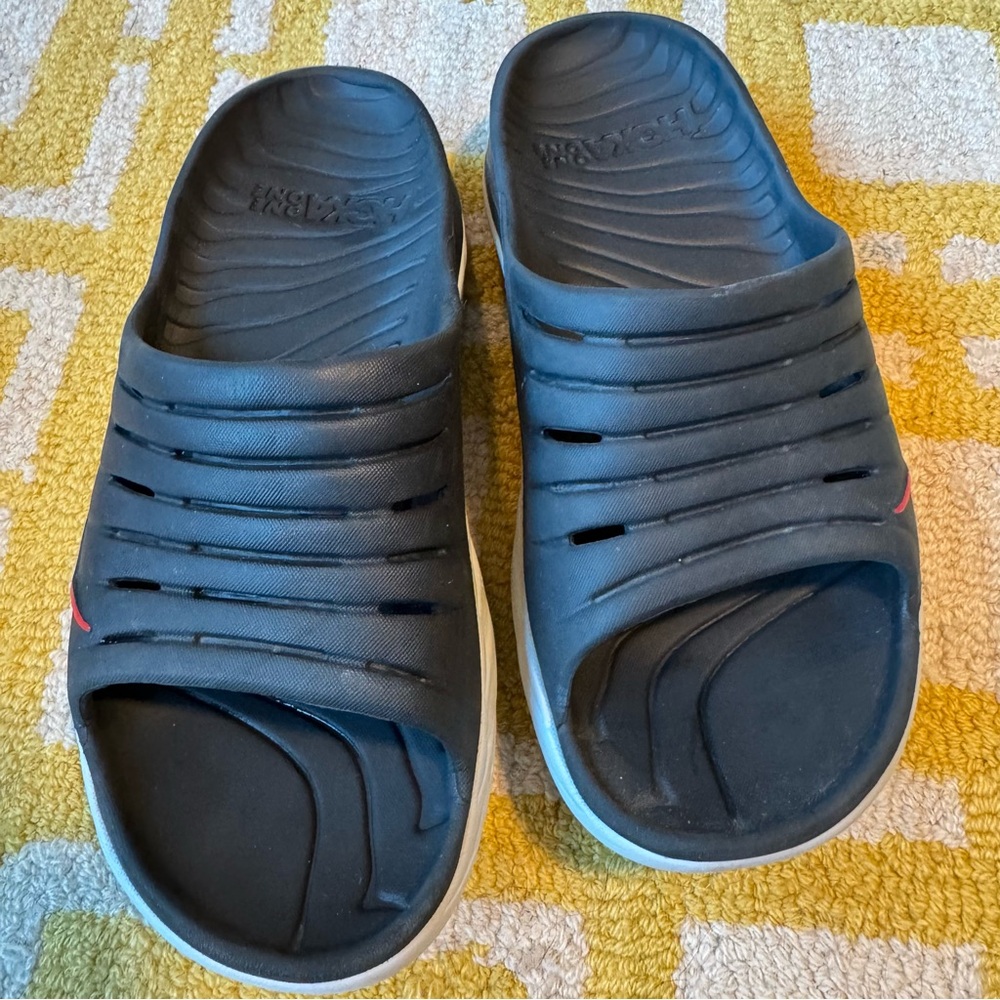 Hoka Men's  by black Slide Sandals vented white soles sz 10